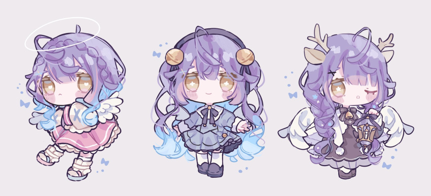 ahoge, amamiya_kokoro, amamiya_kokoro_(1st_costume), angel_wings, animal_ears, antlers, bell, black_dress, black_footwear, black_headwear, blue_dress, blue_hair, blush_stickers, braid, chibi, deer_antlers, deer_ears, dress, feathered_wings, french_braid, frilled_dress, frills, hair_bell, hair_ornament, highres, long_hair, nijisanji, one_eye_closed, pink_dress, shimata_(simataaaa01), smile, thigh-highs, twintails, virtual_youtuber, white_thighhighs, white_wings, wings, yellow_eyes