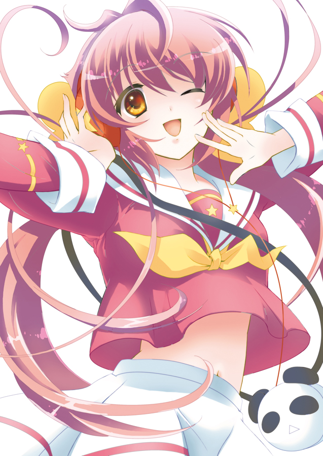 bag, headphones, izumi_(sachikara), long_hair, navel, neon_(nipponbashi_project), nipponbashi_project, orange_eyes