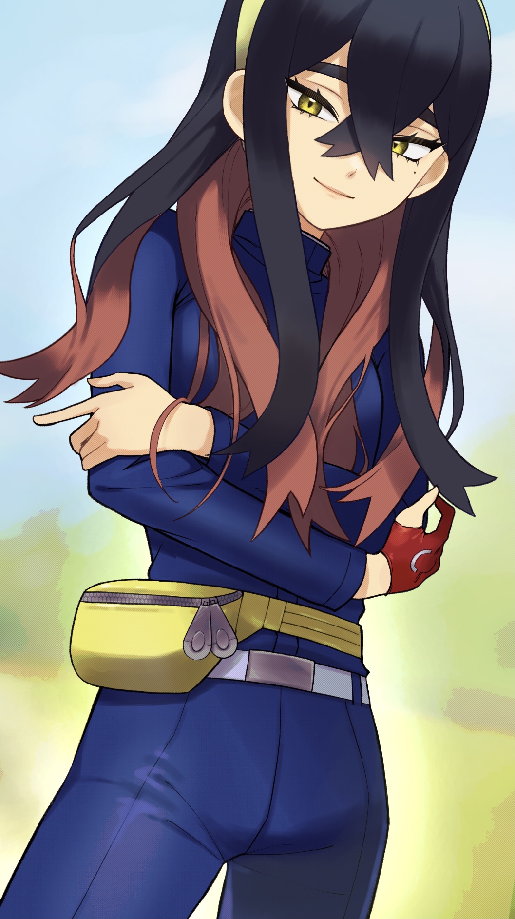 1girl, belt, belt_buckle, black_hair, blue_jacket, blue_pants, buckle, carmine_(pokemon)