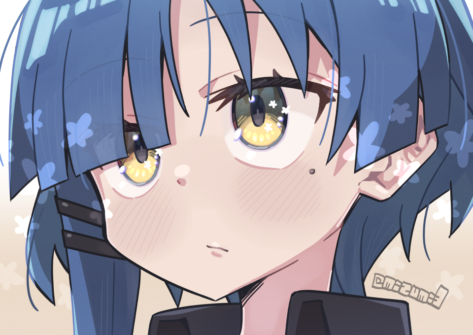 1girl, blue_hair, bocchi_the_rock!, close-up, closed_mouth, expressionless, hair_ornament, hairclip