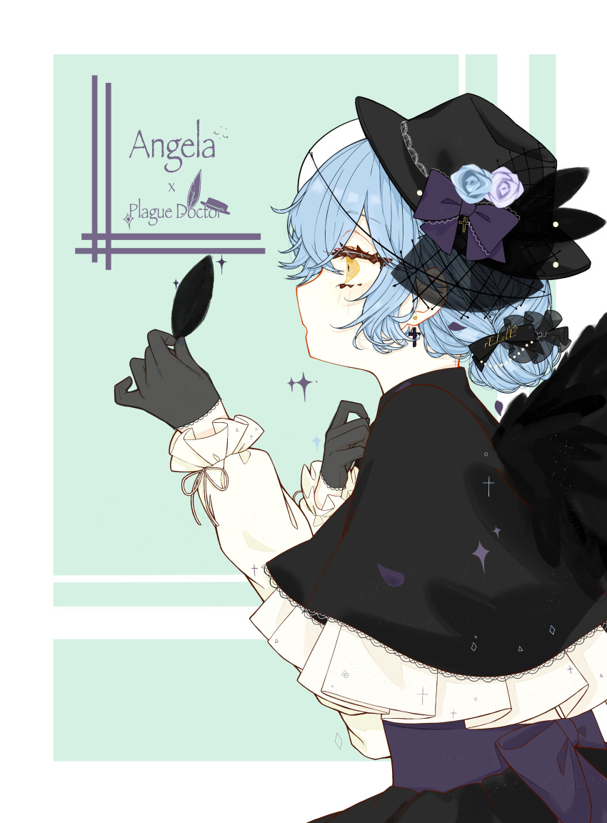 1girl, absurdres, angela_(project_moon), black_capelet, black_gloves, black_headwear, black_skirt, black_wings