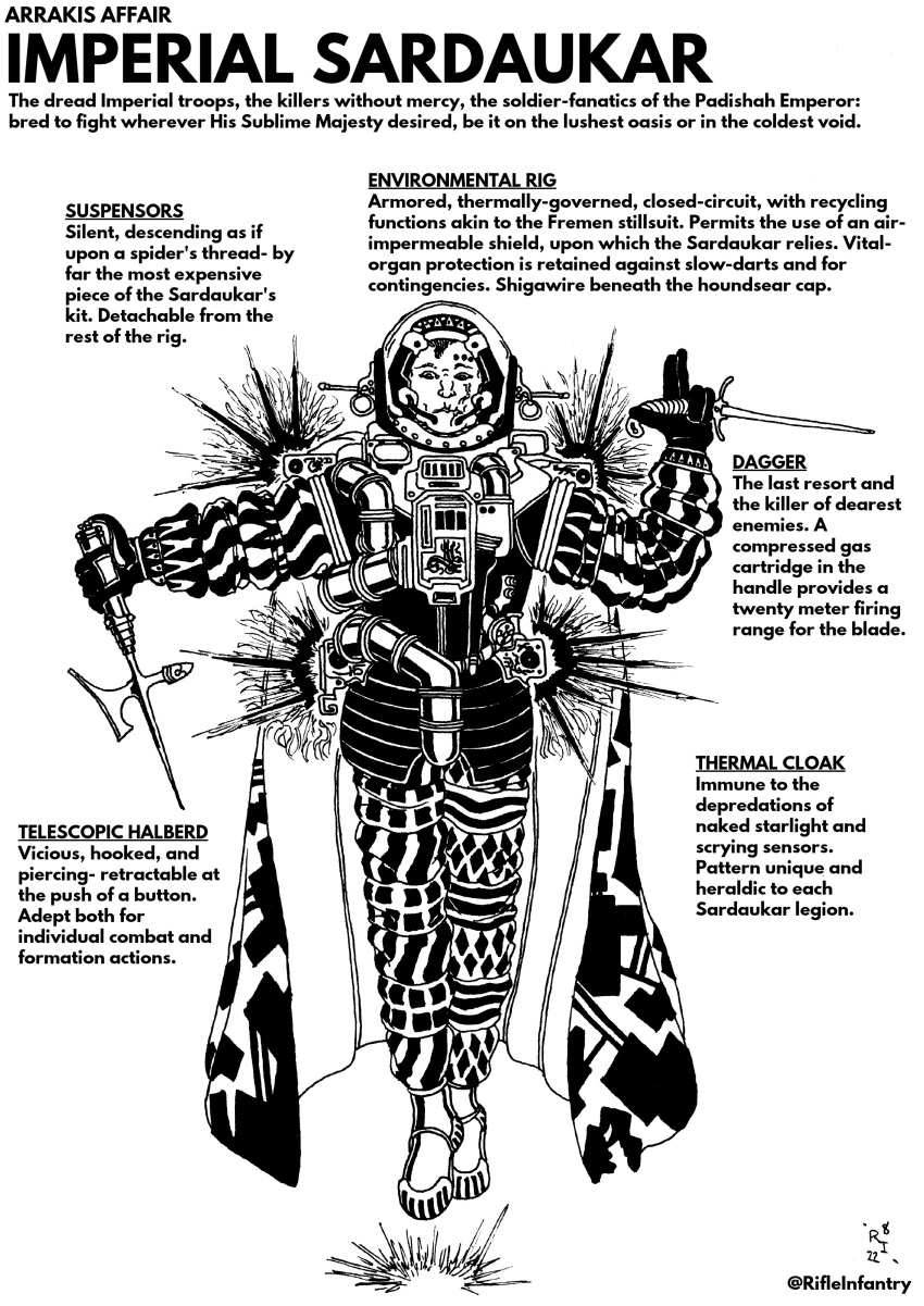 1boy, absurdres, armor, caption, cloak, dagger, dune_(series), greyscale, helmet, highres, holding, holding_dagger, holding_knife, holding_weapon, knife, monochrome, rifleinfantry, sardaukar, science_fiction, solo, space_helmet, two-sided_cloak, two-sided_fabric, weapon