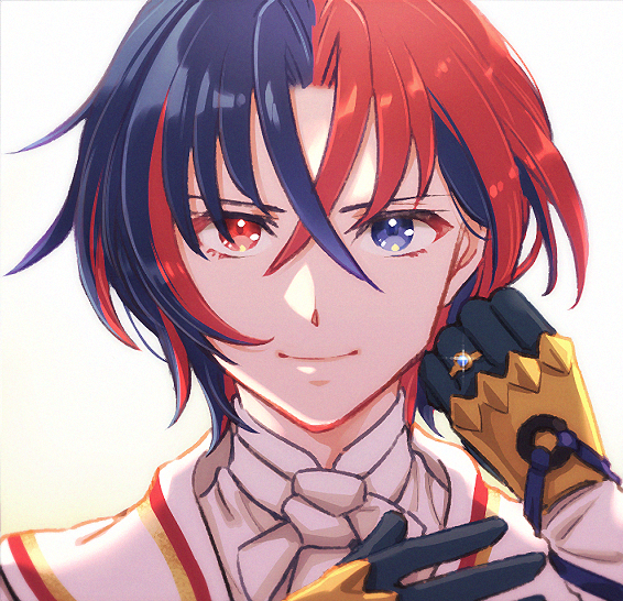 1boy, alear_(fire_emblem), alear_(male)_(fire_emblem), blue_eyes, blue_hair, commentary, fire_emblem, fire_emblem_engage, gauntlets, gloves, hair_between_eyes, heterochromia, jewelry, kszm_fe, looking_at_viewer, multicolored_hair, red_eyes, redhead, ring, short_hair, smile, solo, split-color_hair, symbol-only_commentary, two-tone_hair, white_background