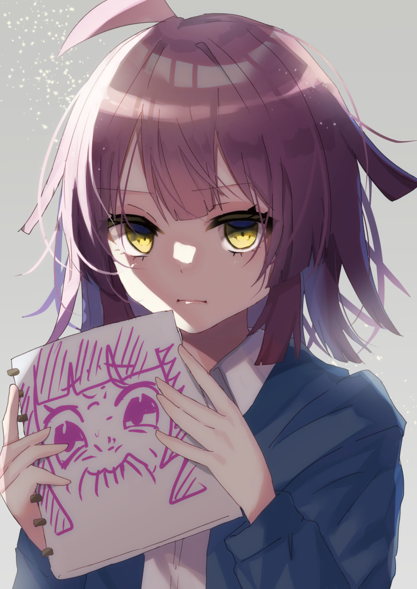 1girl, ahoge, blue_jacket, blunt_bangs, blunt_ends, closed_mouth, commentary_request, drawing