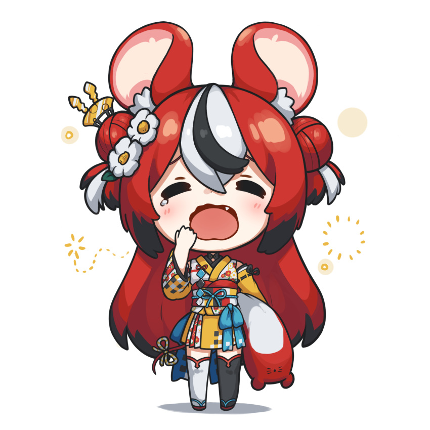 1girl, animal_ears, asymmetrical_legwear, chibi, hair_ornament, hairpin, hakos_baelz, hakos_baelz_(new_year)