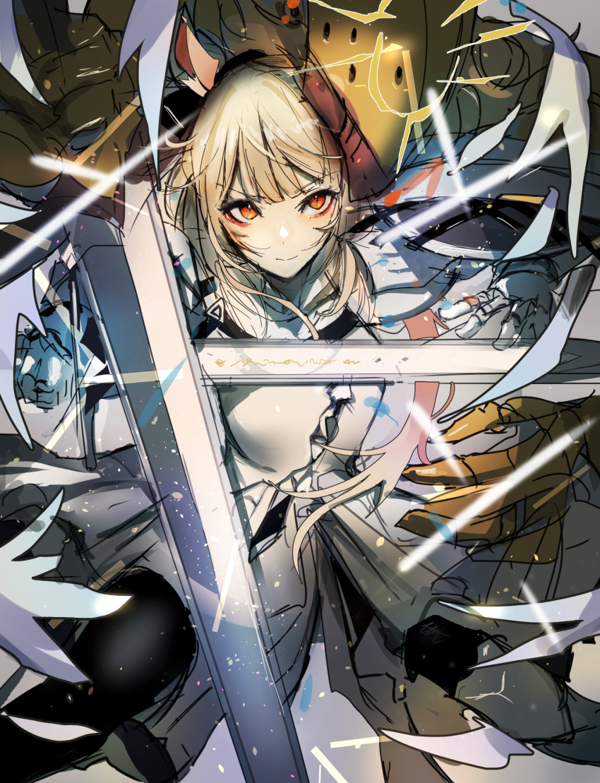 1girl, animal_ears, arknights, blemishine_(arknights), blemishine_(elite_ii)_(arknights), blonde_hair, chuhaibane, dress, gauntlets, high_ponytail, highres, holding, holding_sword, holding_weapon, horse_ears, horse_girl, leg_armor, long_hair, orange_hair, solo, sword, very_long_hair, weapon, white_armor, white_dress