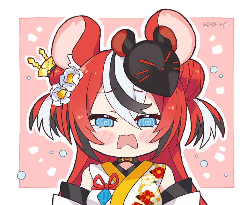 1girl, animal_ears, blue_eyes, flower, hair_flower, hair_ornament, hakos_baelz, hakos_baelz_(new_year)