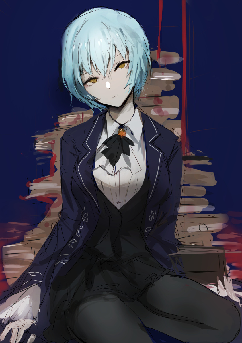 1girl, absurdres, angela_(project_moon), black_pantyhose, black_skirt, black_vest, blood, blue_background