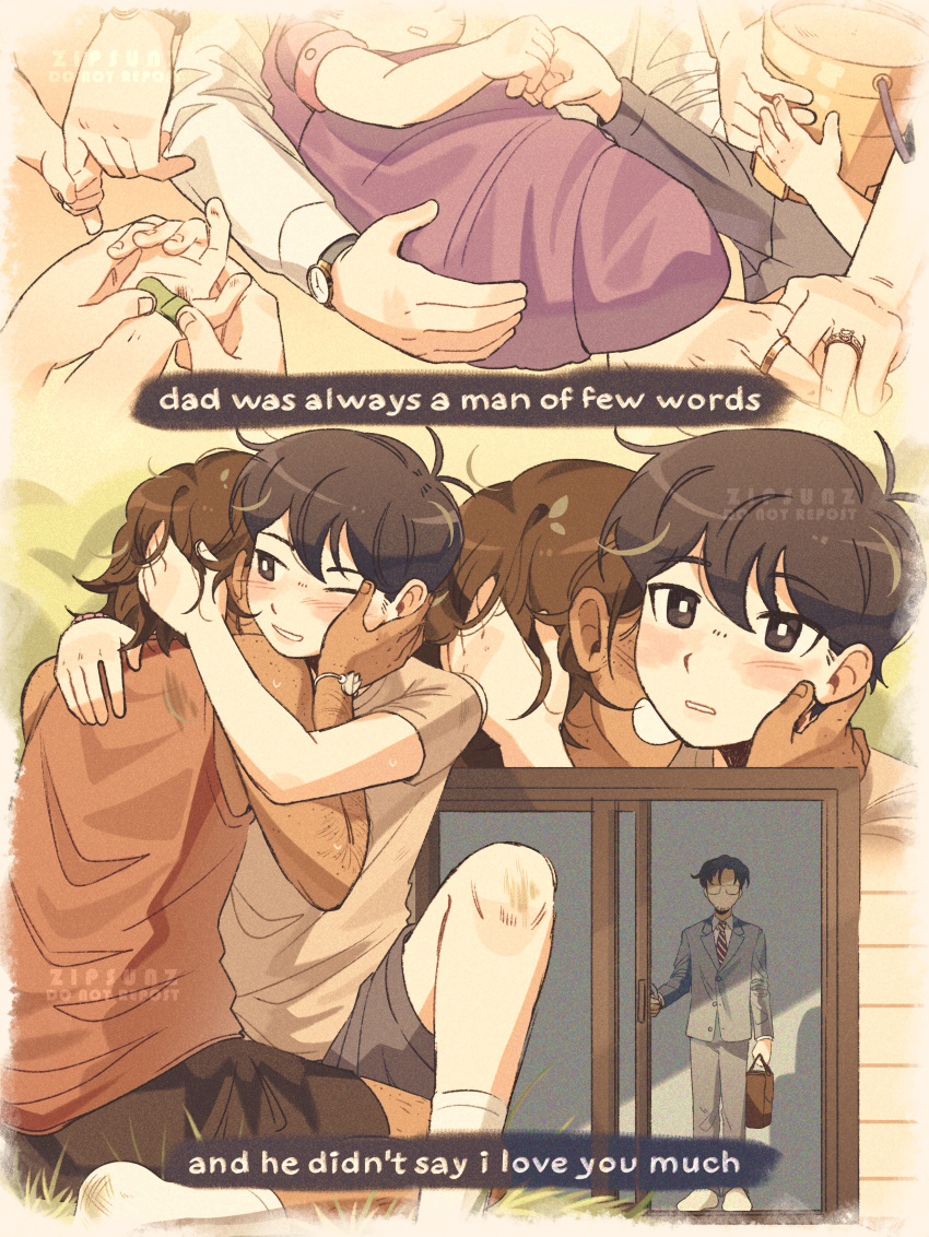 3boys, absurdres, artist_name, bandaid, black_eyes, black_hair, black_shorts, bracelet