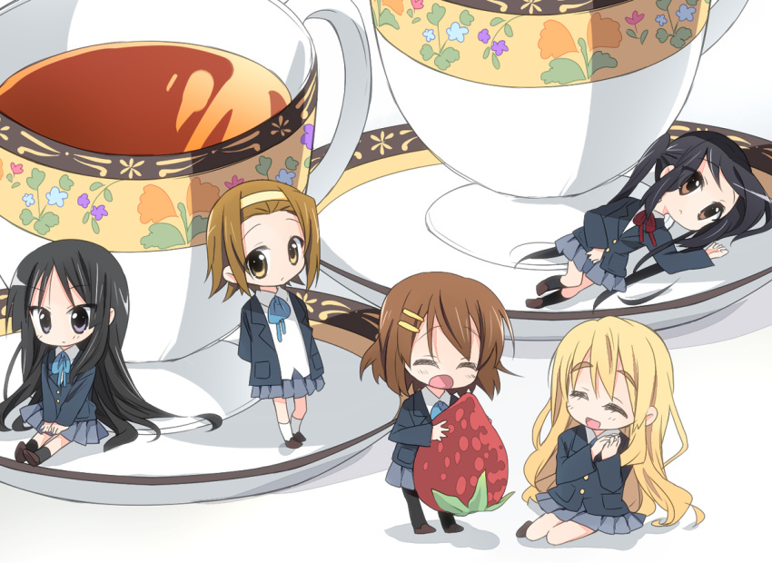 black_eyes, black_hair, blonde_hair, blue_eyes, brown_eyes, brown_hair, chibi, cup