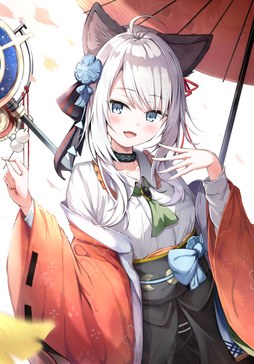 1girl, absurdres, animal_ears, arknights, ascot, black_hakama, blue_eyes, blurry