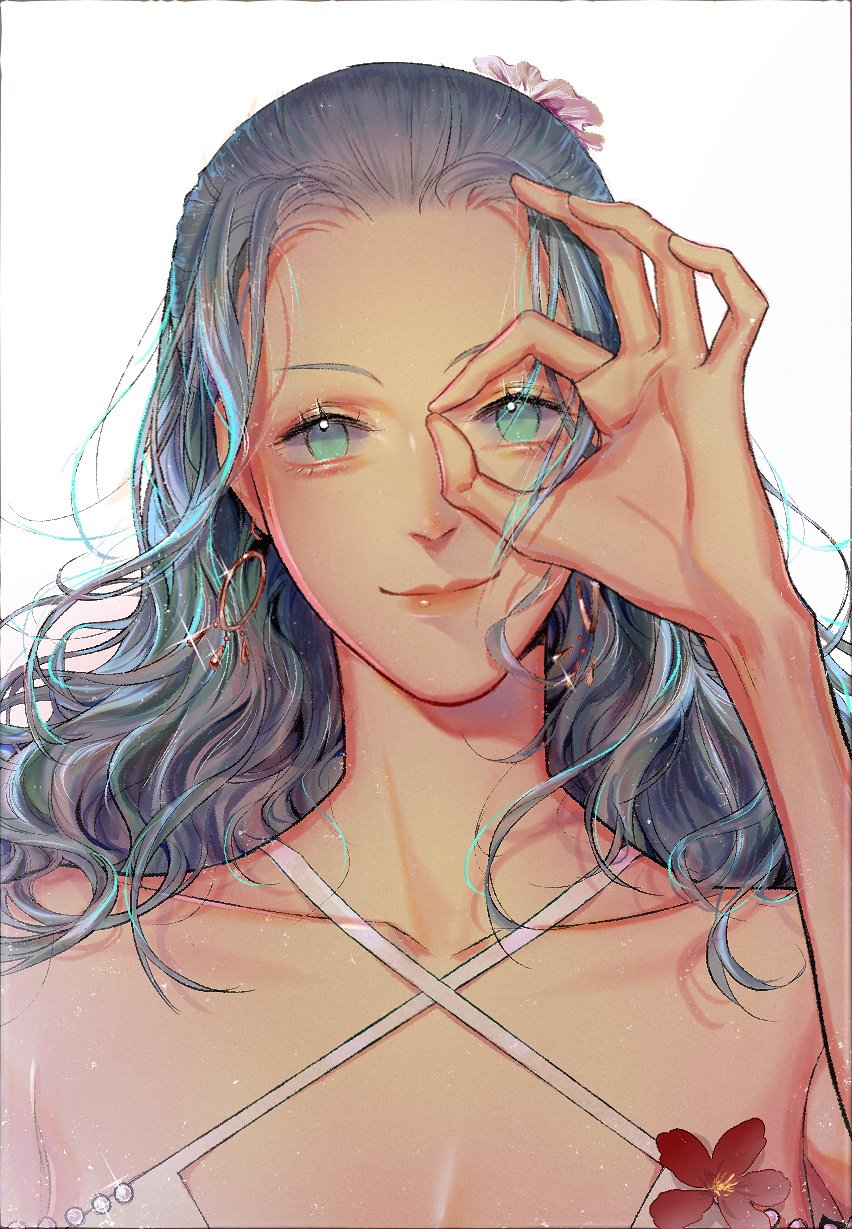 1girl, blue_eyes, closed_mouth, dress, earrings, flower, flower_dress, green_eyes, hair_flower, hair_ornament, highres, hoop_earrings, jewelry, long_hair, looking_at_viewer, nefertari_vivi, ok_sign, one_piece, simple_background, smdsqi, smile, solo, white_background