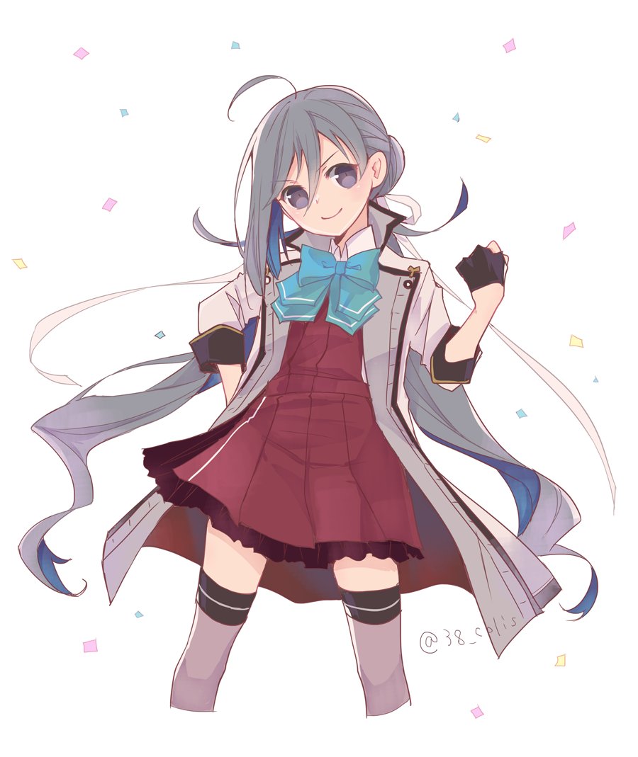 1girl, ahoge, aqua_bow, aqua_bowtie, black_gloves, bow, bowtie, brown_dress