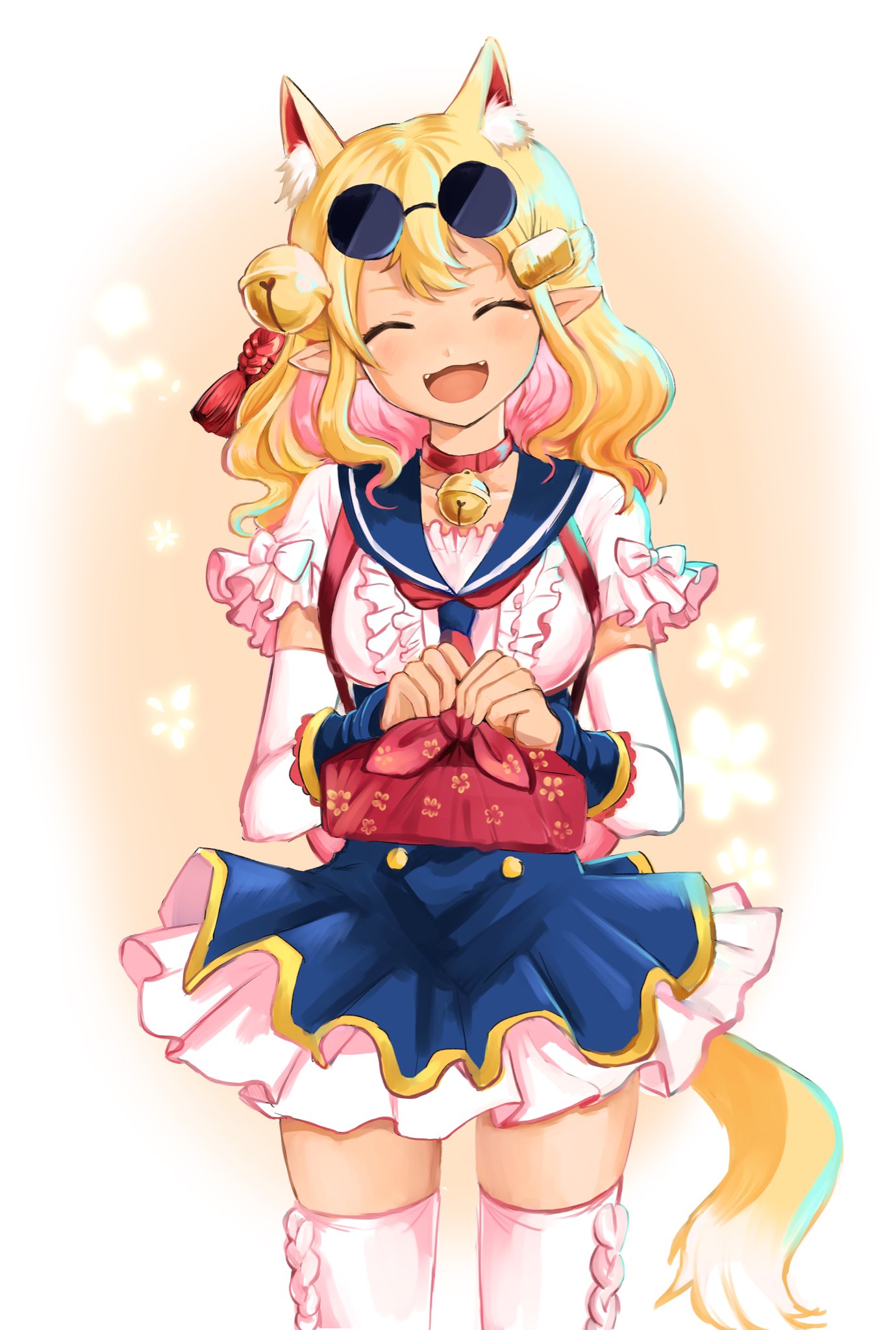 1girl, animal_ear_fluff, animal_ears, bell, blonde_hair, blue_dress, blue_sailor_collar, bow