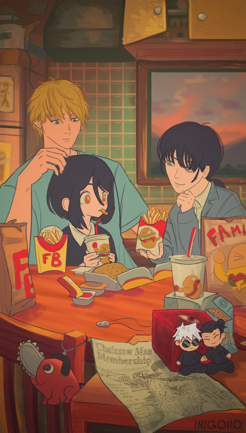1boy, 2girls, absurdres, artist_name, bag, black_hair, black_sweater, blonde_hair