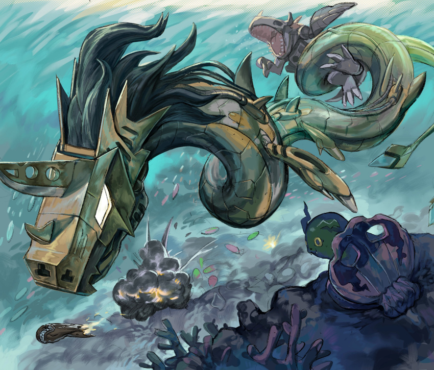 3others, absurdres, coelamon, coral, digimon, digimon_(creature), explosion, fighting