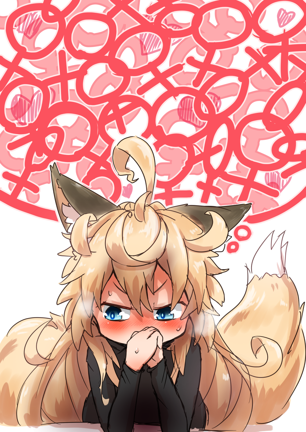1girl, ahoge, animal_ears, black_shirt, blonde_hair, blue_eyes, covered_mouth, fox_ears