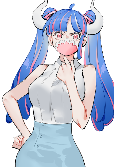 1girl, ahoge, blue_hair, blue_skirt, collared_shirt, covered_mouth, curled_horns, dinosaur_girl
