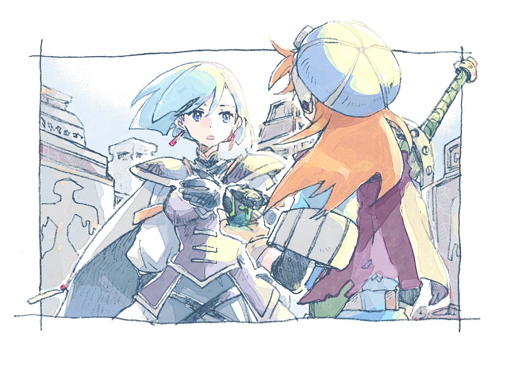 1boy, 1girl, armor, black_gloves, blue_headwear, cape, earrings, gloves