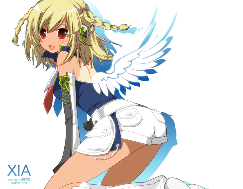 :d, beatmania, beatmania_iidx, blonde_hair, braid, detached_sleeves, headphones, hot_pants