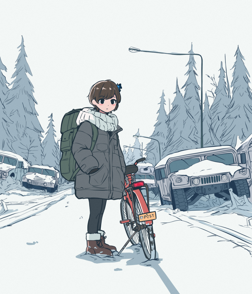 1girl, backpack, bag, bicycle, black_pants, blush, brown_footwear, brown_hair