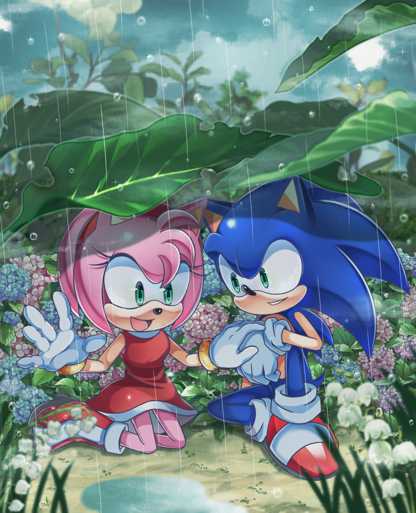 1boy, 1girl, amy_rose, animal_ears, animal_nose, blue_fur, boots, dress, flower, glass, gloves, gold_bracelet, green_eyes, hairband, hedgehog, hedgehog_ears, hedgehog_tail, highres, leaf, leaf_on_head, leaf_umbrella, open_mouth, pink_fur, r131q, rain, red_dress, red_footwear, red_hairband, shadow, shoes, sonic_(series), sonic_frontiers, sonic_the_hedgehog, tail, tree, white_gloves