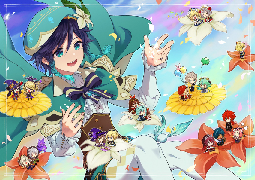 6+boys, 6+girls, albedo_(genshin_impact), amber_(genshin_impact), aqua_eyes, aqua_hair, balloon, barbara_(genshin_impact)