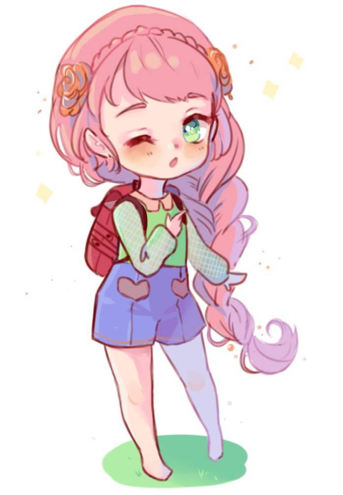 1girl, ;o, backpack, bag, barefoot, blue_shorts, braid, chibi