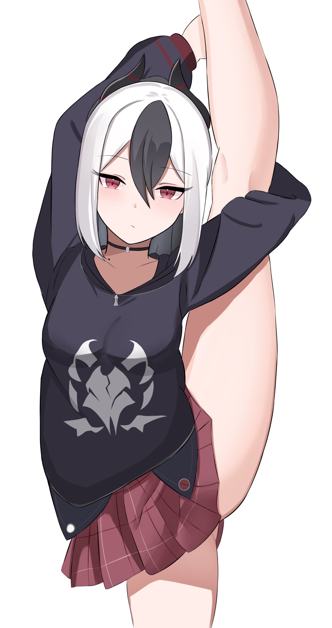 1girl, black_hoodie, black_horns, blue_archive, demon_horns, gymnastics, highres, holding_leg