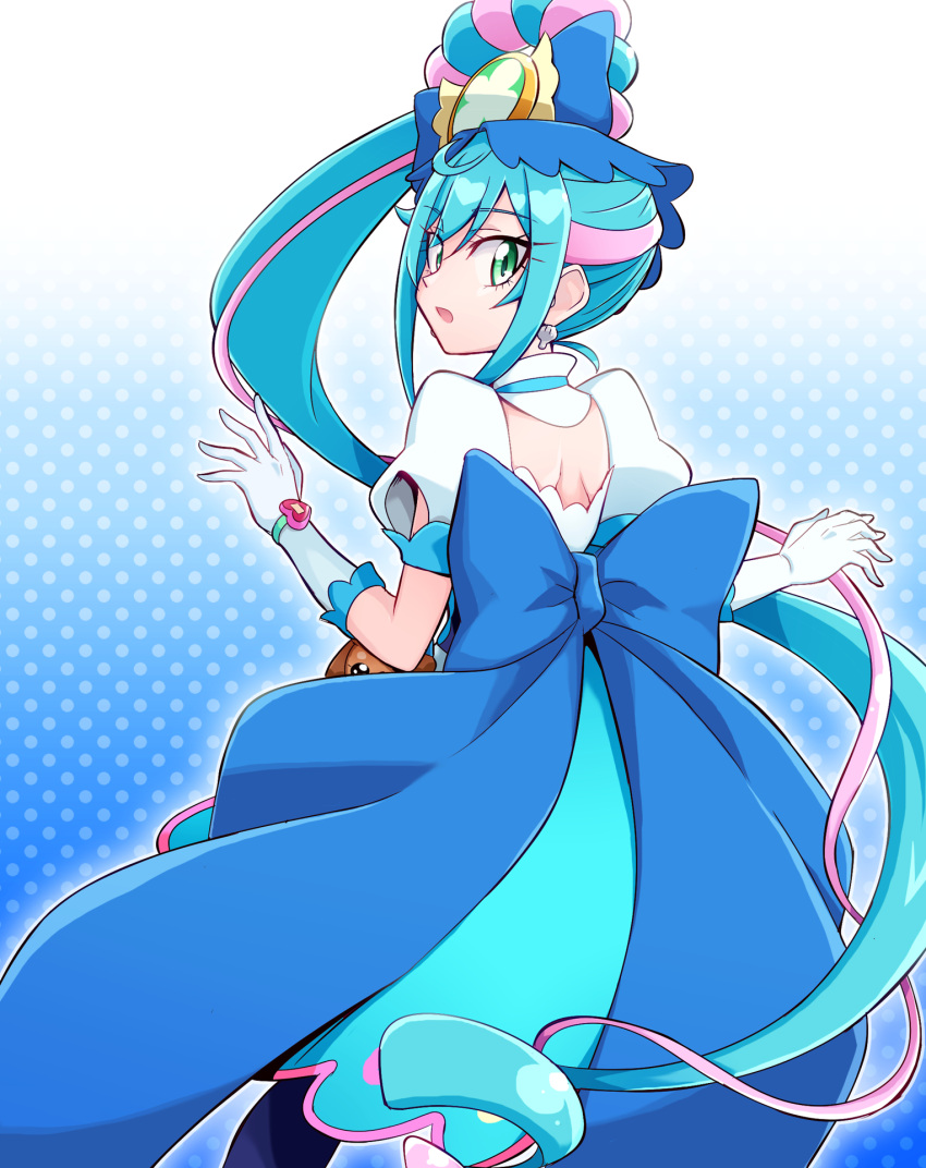 1girl, ankle_bow, back, back_bow, blue_background, blue_bow, blue_eyes, blue_hair