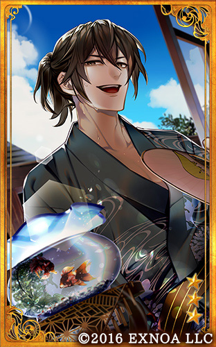 1boy, :d, black_hair, black_kimono, brown_eyes, bungou_to_alchemist, card_(medium), clouds, collarbone, copyright, day, egasumi, fish, fishbowl, goldfish, hair_between_eyes, hand_fan, holding, holding_fan, japanese_clothes, kikuchi_kan_(bungou_to_alchemist), kimono, looking_at_viewer, lowres, male_focus, official_art, paper_fan, short_ponytail, smile, solo, sweat, teeth, tree, uchiwa, uehara_(higanbachi), upper_body, upper_teeth_only, yukata