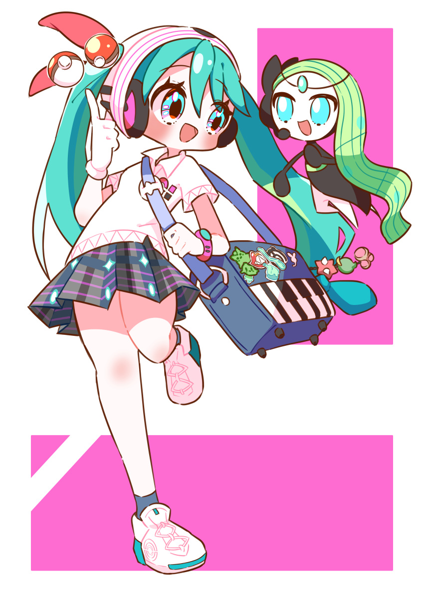 absurdres, bag, black_socks, blue_hair, clefairy, eyelashes, gloves, gulpin, hair_between_eyes, hatsune_miku, headphones, highres, long_hair, looking_at_another, matsuri_iv, meloetta, minior, open_mouth, plaid, plaid_skirt, poke_ball, pokemon, pokemon_(creature), project_voltage, psychic, psychic_miku_(project_voltage), shirt, short_sleeves, skirt, socks, sticker, twintails, unown, unown_m, vocaloid, vs_seeker, white_footwear, white_gloves, white_shirt