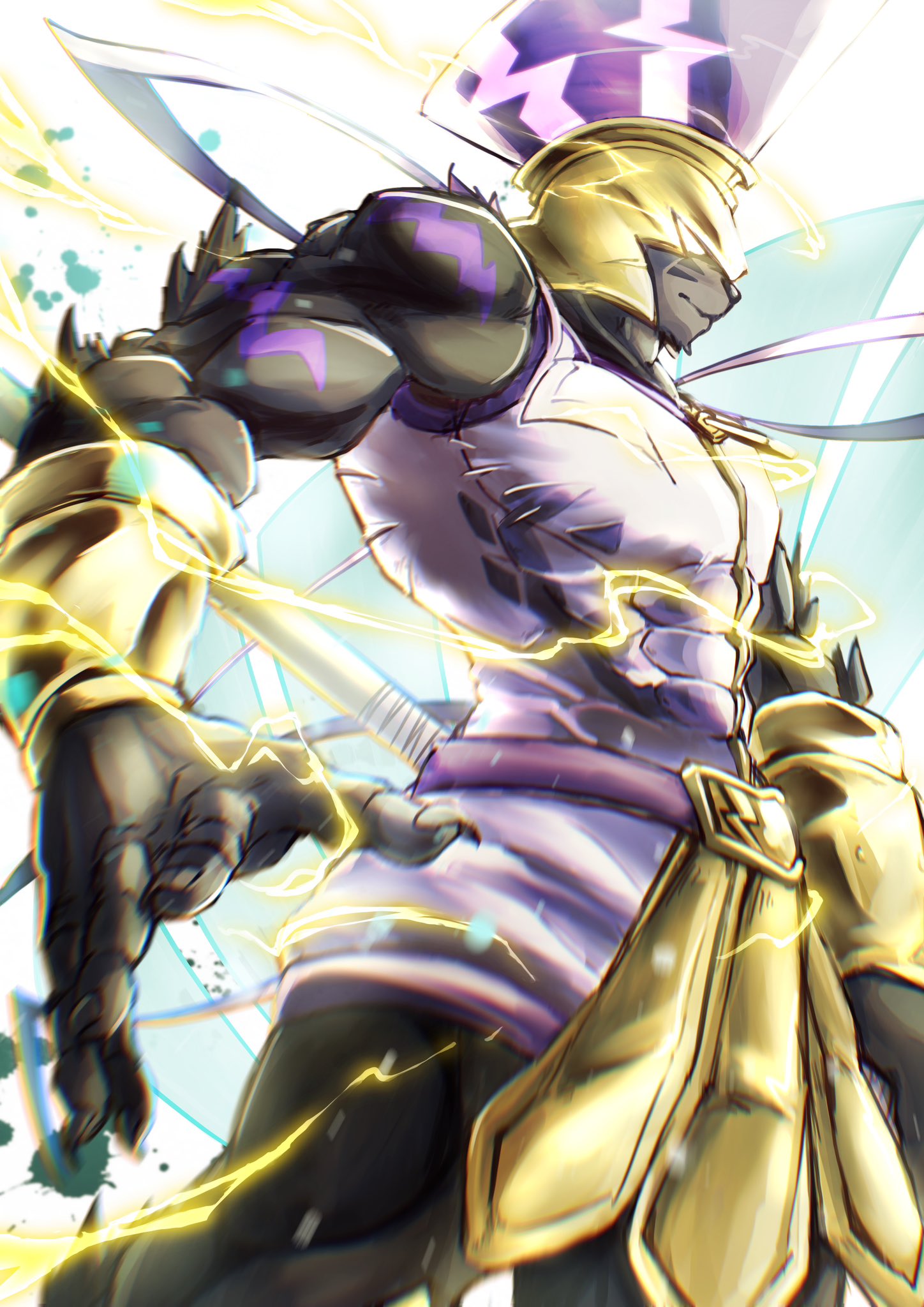 1boy, achillesmon, armor, digimon, digimon_(creature), glowing, glowing_eyes, helmet
