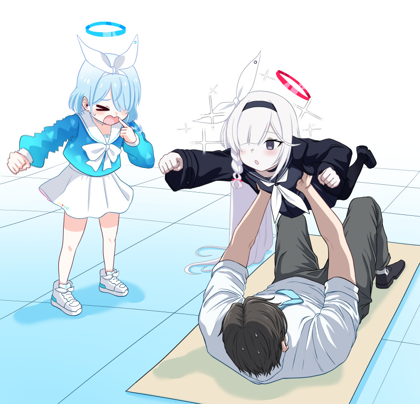 1boy, 2girls, absurdres, arona_(blue_archive), black_choker, black_coat, black_eyes, black_hairband