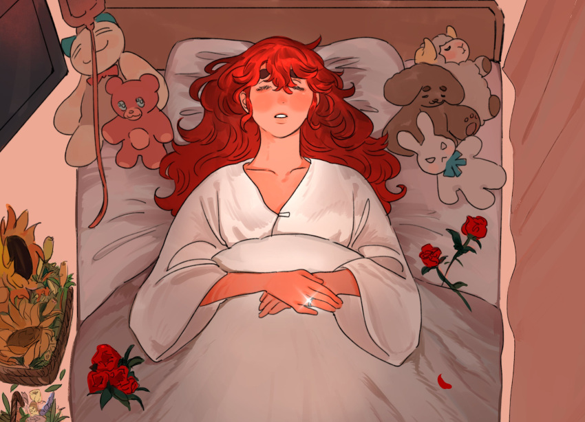1girl, bed, collarbone, flower, from_above, gundam, gundam_suisei_no_majo, highres, hospital_bed, hospital_gown, intravenous_drip, jewelry, long_sleeves, milfcookiesimp, parted_lips, red_flower, red_rose, redhead, ring, rose, sleeping, solo, stuffed_animal, stuffed_rabbit, stuffed_sheep, stuffed_toy, suletta_mercury, sunflower, teddy_bear, thick_eyebrows, wedding_ring
