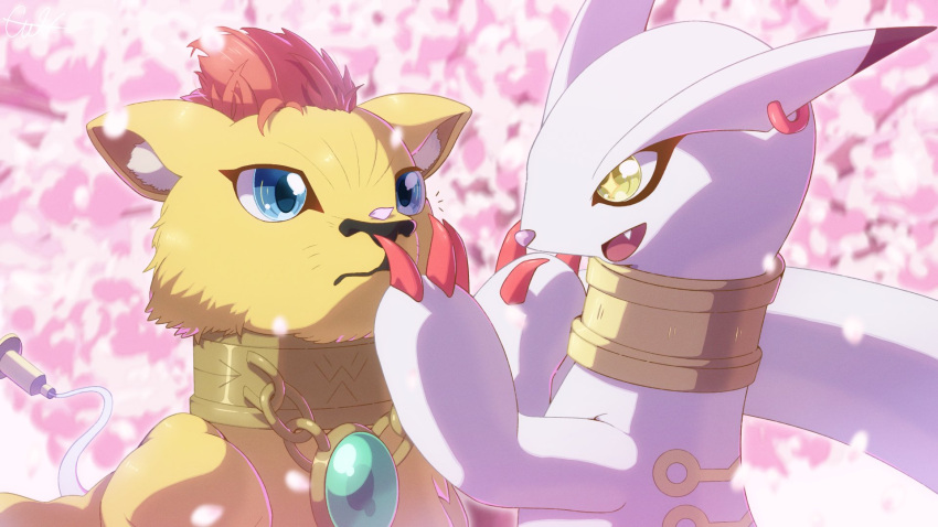 2others, animal_ear_piercing, blue_eyes, claws, collar, digimon, digimon_(creature), fang, guoh_ga_gotoku, highres, jewelry, kudamon, liollmon, lion, multiple_others, no_humans, open_mouth, redhead, short_hair, upper_body, yellow_eyes