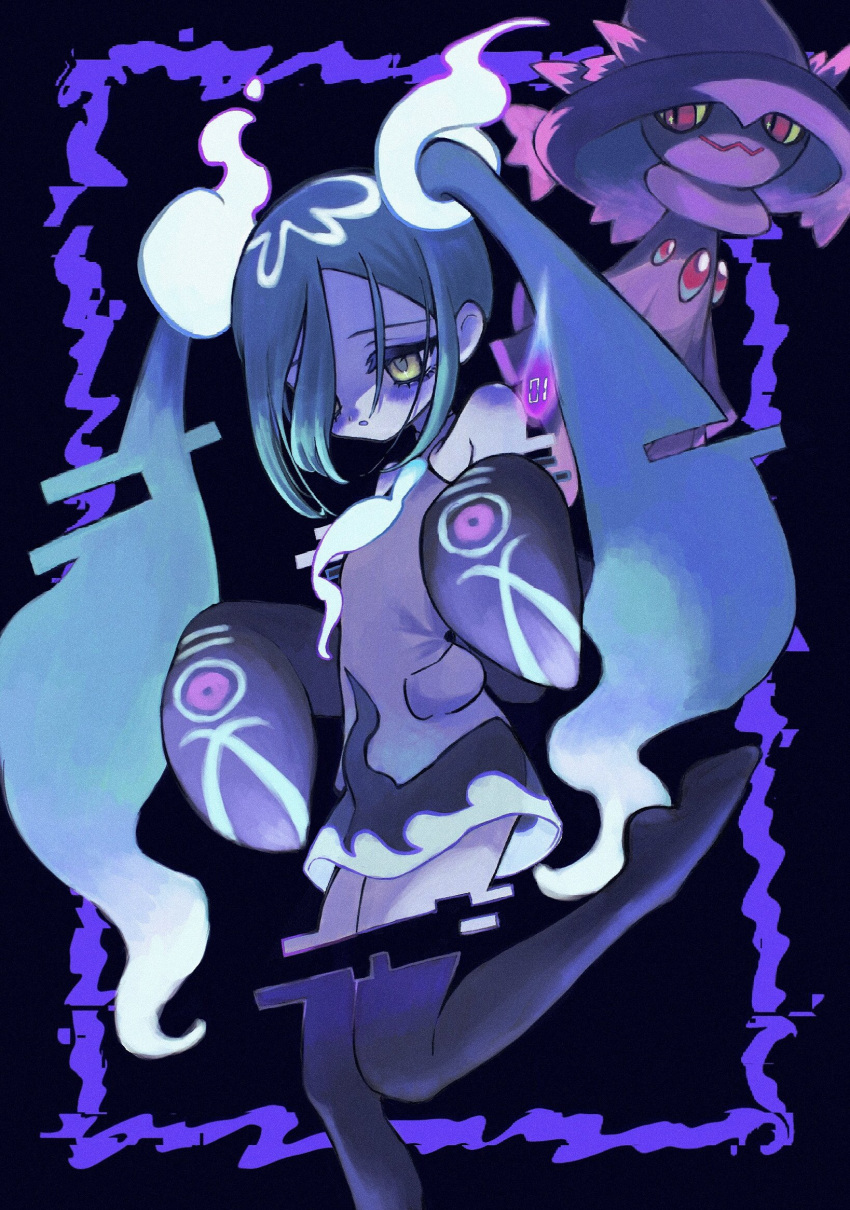 1girl, aoi_bansoko, black_skirt, black_sleeves, black_thighhighs, blue_hair, colored_sclera, commentary_request
