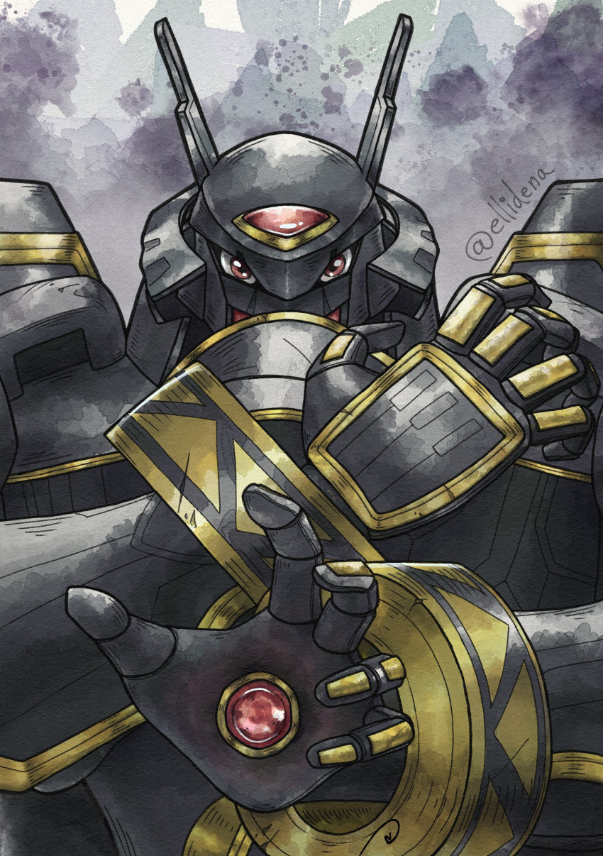 1other, absurdres, alphamon, armor, artist_name, brown_eyes, digicore, digimon, digimon_(creature), ellidena, highres, looking_at_viewer, no_humans, red_eyes, solo, upper_body, watermark