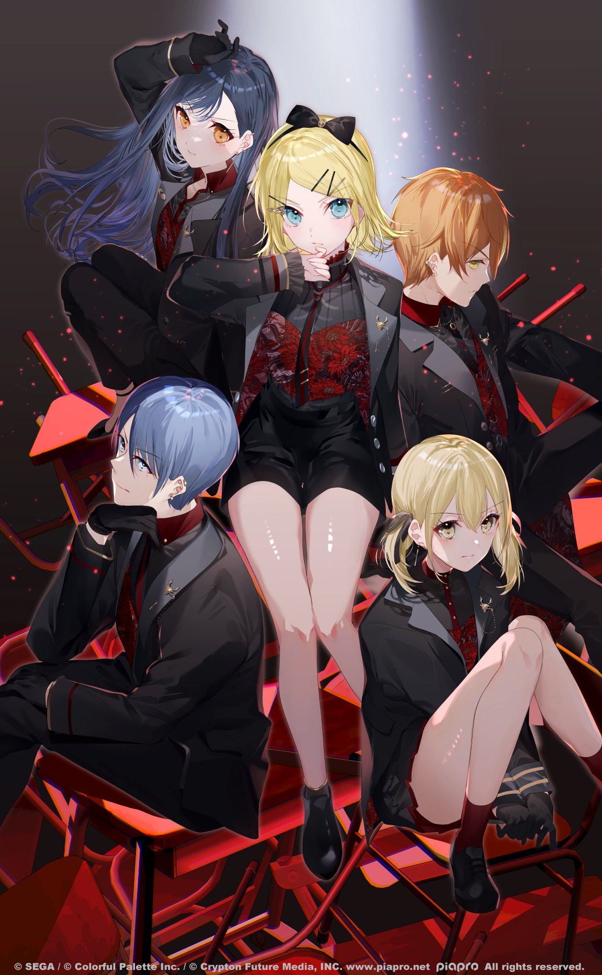 2boys, 3girls, aoyagi_touya, aqua_eyes, arm_over_head, azusawa_kohane, black_gloves, black_hair