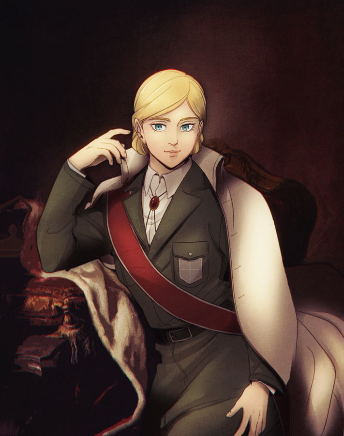 1girl, blonde_hair, blue_eyes, brown_background, christa_renz, coat, coat_on_shoulders, commentary_request