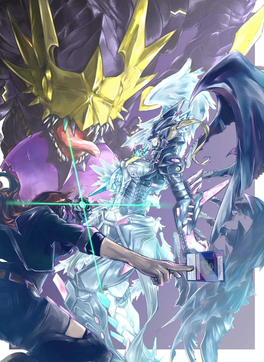 1other, 2girls, absurdres, ai_(digimon_tamers), armor, belt, black_wings, blonde_hair