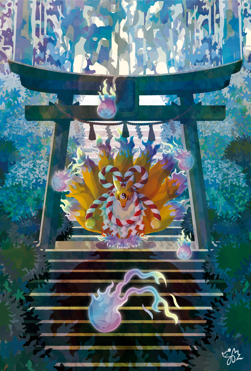 1other, bush, digimon, digimon_(creature), highres, kitsune, kyubimon, kyuubi
