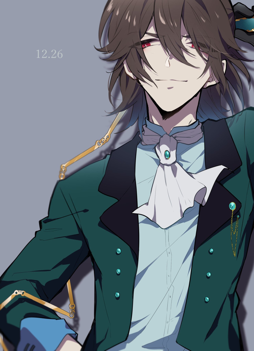 1boy, ascot, black_gloves, blue_shirt, brooch, bungou_to_alchemist, double-parted_bangs, dress_shirt