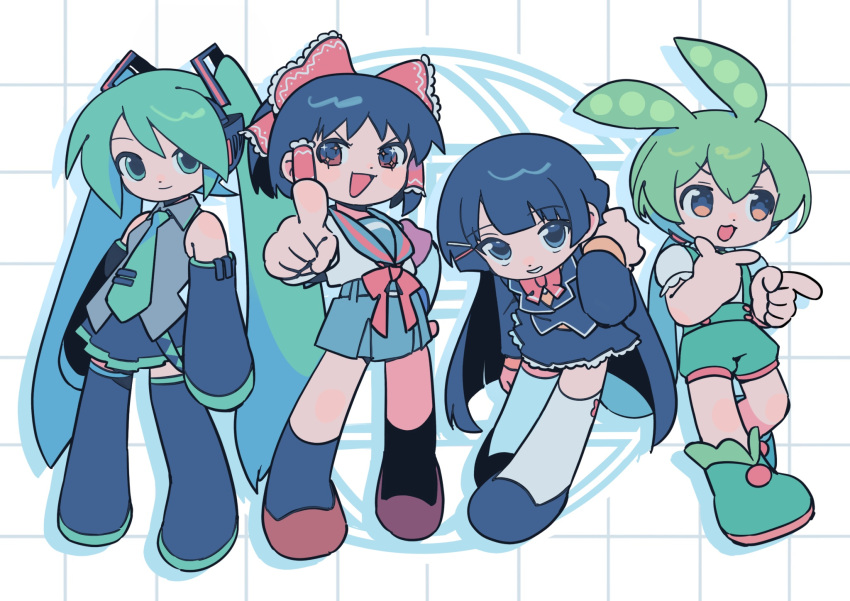 4girls, black_hair, boots, cosplay, crossover, detached_sleeves, green_hair, hair_ornament, hair_tubes, hakurei_reimu, hatsune_miku, headphones, highres, jacket, long_hair, long_sleeves, looking_at_viewer, multiple_girls, nankai_(nankai_san), necktie, nijisanji, open_mouth, pointing, pointing_at_viewer, sailor_collar, school_uniform, serafuku, shorts, simple_background, skirt, socks, sparkle, suspender_shorts, suspenders, suzumiya_haruhi, suzumiya_haruhi_(cosplay), suzumiya_haruhi_no_yuuutsu, thigh-highs, touhou, tsukino_mito, tsukino_mito_(1st_costume), twintails, twitter_suki, very_long_hair, virtual_youtuber, vocaloid, voicevox, zundamon