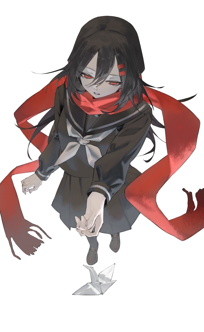1girl, additional_memory_(vocaloid), black_hair, black_sailor_collar, black_serafuku, black_shirt, black_skirt, commentary, enpera, expressionless, fringe_trim, from_above, full_body, hair_between_eyes, hair_ornament, hairclip, kagerou_project, long_hair, long_sleeves, looking_ahead, mi8pq, origami, paper_crane, parted_lips, partially_colored, pleated_skirt, red_eyes, red_scarf, sailor_collar, scarf, school_uniform, serafuku, shirt, shoes, single_stripe, skirt, solo, standing, striped, tateyama_ayano, white_stripes