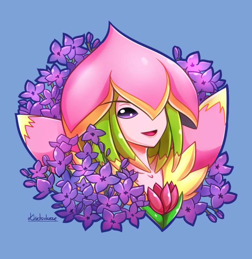 1girl, artist_name, blue_background, digimon, digimon_(creature), flower, green_hair, highres, kisetsukaze, lilamon, looking_at_viewer, open_mouth, petals, portrait, purple_flower, red_flower, signature, simple_background, smile, solo, violet_eyes