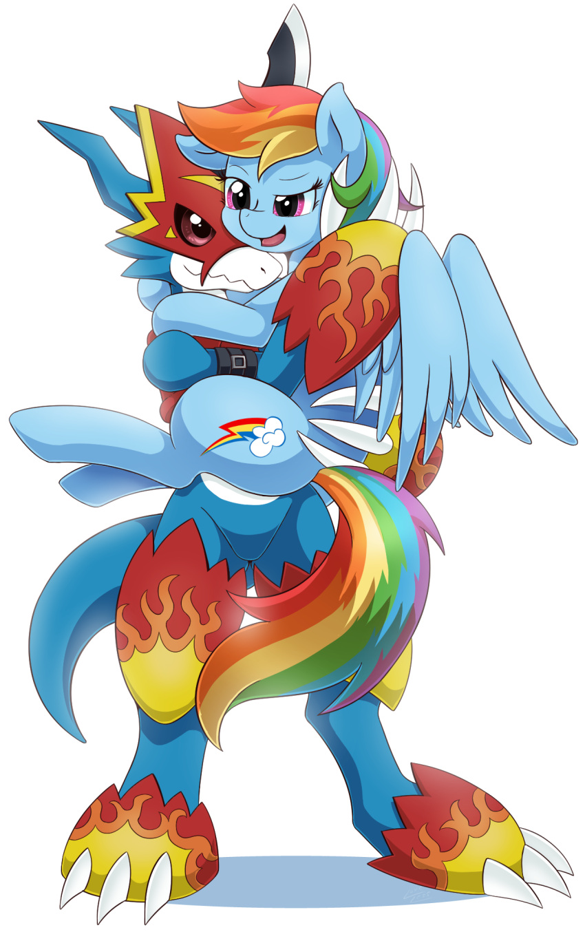 2others, claws, crossover, digimon, digimon_(creature), dragon, fladramon, full_body, highres, horse, hug, multiple_others, my_little_pony, my_little_pony:_friendship_is_magic, no_humans, open_mouth, pink_eyes, rainbow_dash, rainbow_gradient, red_eyes, simple_background, tail, vavacung, white_background