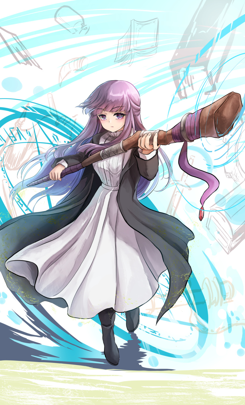 1girl, black_coat, black_footwear, blunt_bangs, boots, braided_scarf, breasts, buttons
