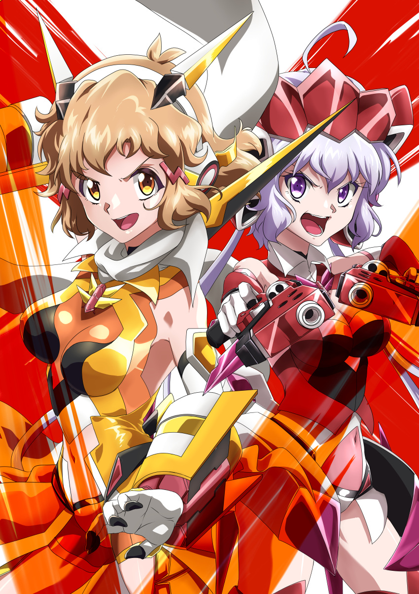 2girls, absurdres, ahoge, alternate_breast_size, antenna_hair, bodysuit, breasts, brown_hair