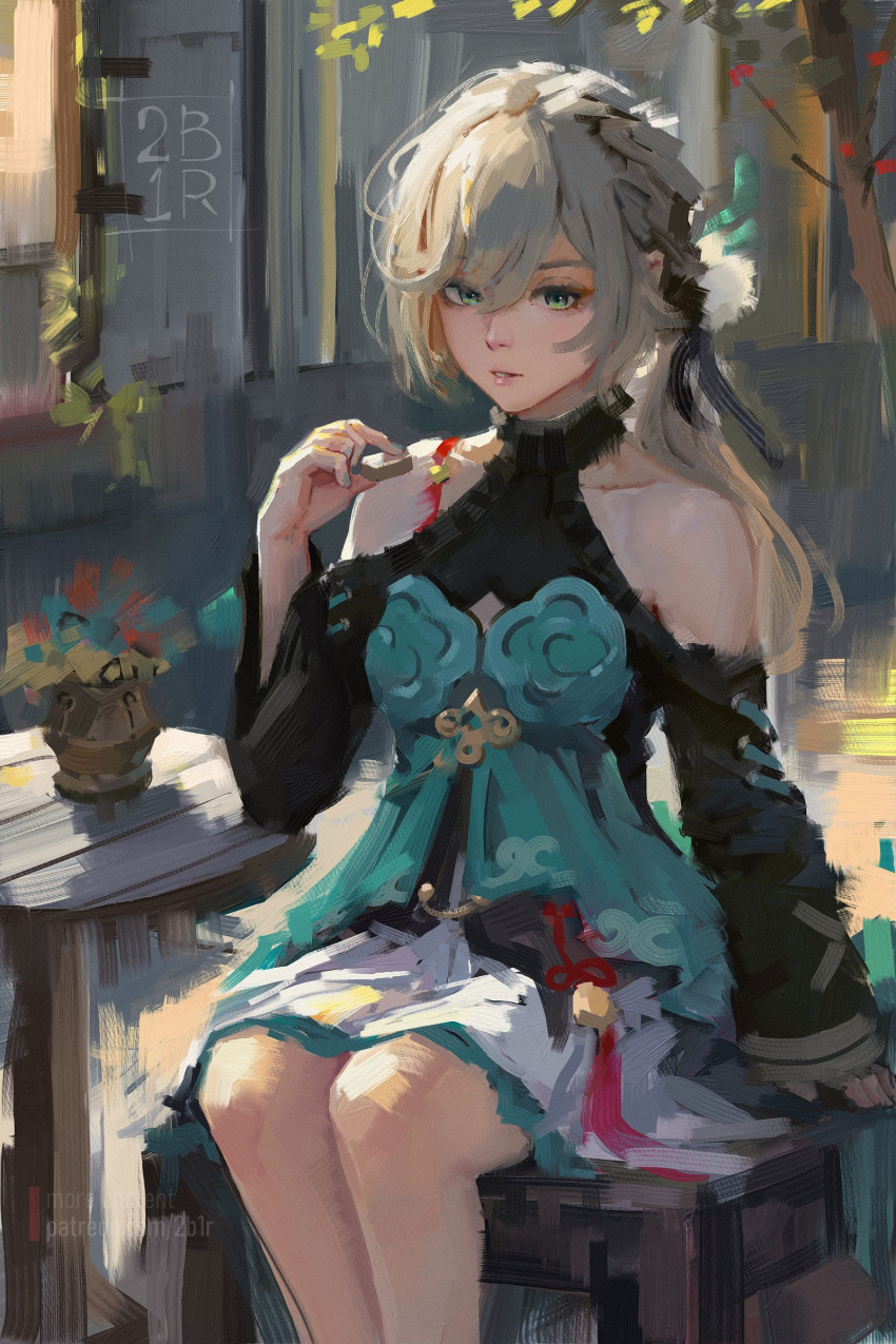 1girl, absurdres, artist_name, bare_shoulders, black_sleeves, blush, braid, brown_hair